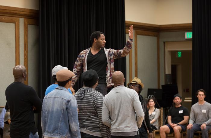 Larry Powell with the Male Chorus in the rehearsal of "Lost in the Stars" at Royce Hall, UCLA Performing Arts Center, Los Angeles, CA, 2017