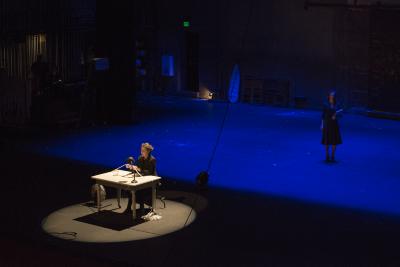 Scene from "the theater is a blank page" at the Center for the Art of Performance at UCLA, Los Angeles, CA, 2018