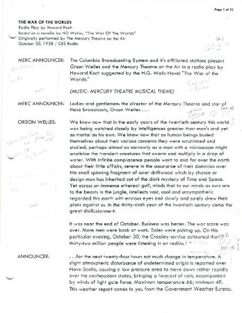 Script from "War of the Worlds," 1938