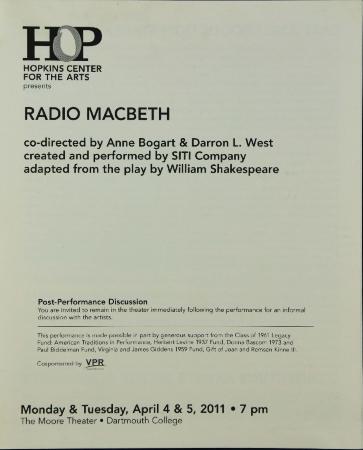 Program from "Radio Macbeth" at the Moore Theater, Dartmouth College, 2011