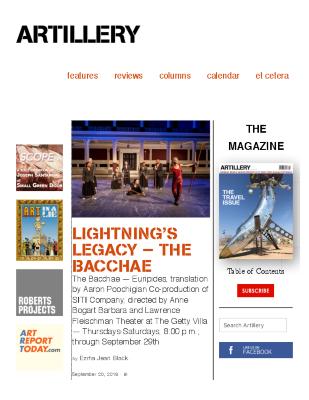 Press from "The Bacchae" at the Getty Villa Artillery Magazine, September, 2018