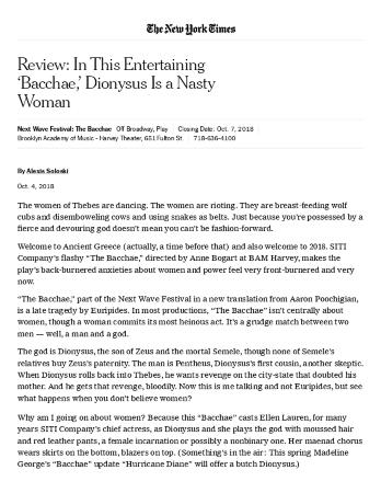Press from "The Bacchae" BAM, New York Times, October, 2018
