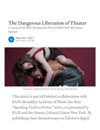 Press from "The Bacchae" at BAM, Eidolon, October, 2018