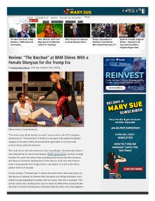 Press from "The Bacchae" at BAM, The Mary Sue, October, 2018