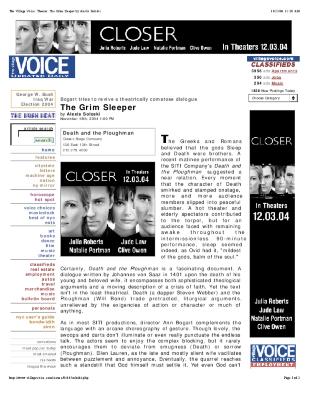 Press from "Death and the Ploughman" at Classic Stage Company, Village Voice review, 2004