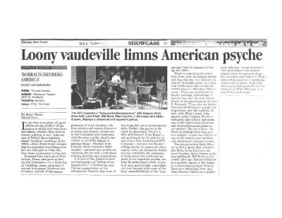 Press from "bobrauschenbergamerica" at Athenaeum Theatre, Chicago Sun Times review, 2002