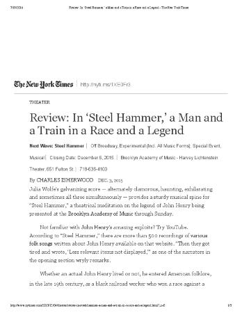 Press from "Steel Hammer" at BAM, NY Times Review, 2015