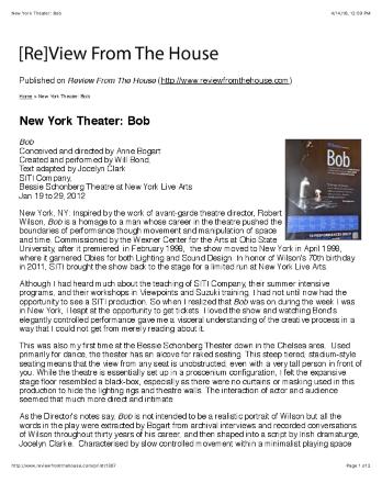 Press from "Bob" at  NYLA, From the House review, 2012