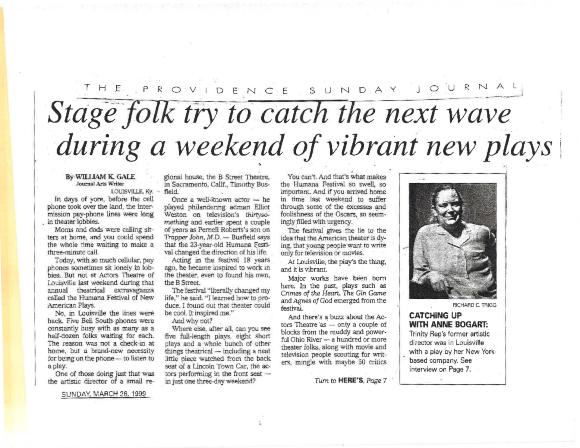 Press from "Cabin Pressure" at Actors Theatre of Louisville, Providence Sunday Journal feature, 1999