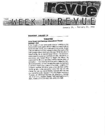 Press from "Bob" at Walker Art Center, Revue On the Town listing, 1999