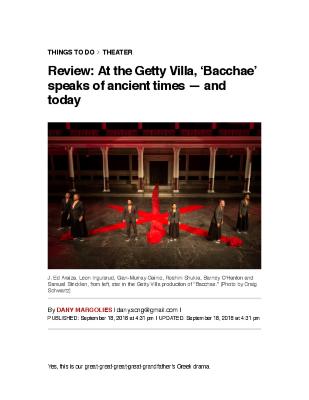 Press from "The Bacchae" at the Getty Villa, LA Daily News review, 2018