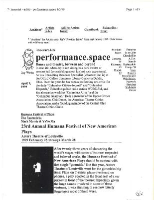 Press from "Cabin Pressure" at Actors Theatre of Louisville, Performance Space feature, 1999