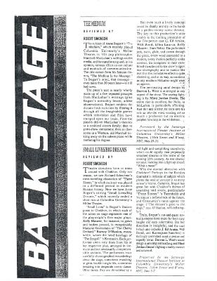 Press from "The Medium" and "Small Lives/Big Dreams"at the Miller Theatre, Back Stage review, 1997