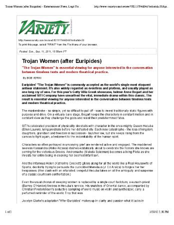 Press from "Trojan Women" at Getty, Variety review, 2011