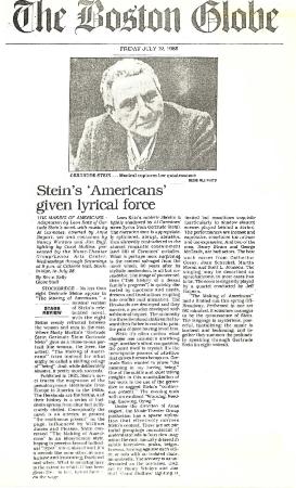 Press from Anne Bogart's "Americans" at Lenox Arts Center, Boston Globe, 1985