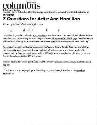Press from "the theater is a blank page" at Wexner Arts Center, Columbus Monthly Ann Hamilton interview, 2015