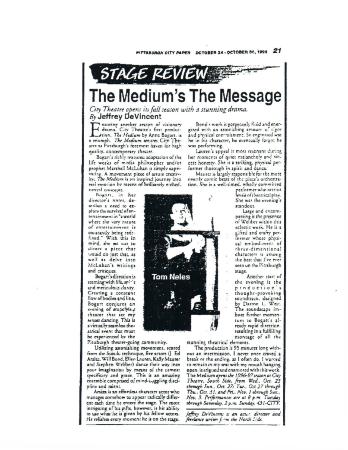 Press from "The Medium" at City Theatre, Pittsburgh City Paper review, 1996