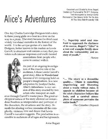 "Alice"s Adventures" Artist's Statement by Anne Bogart, 1998