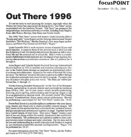 Press from "The Medium" at Walker Arts Center, Focus Point feature, 1996